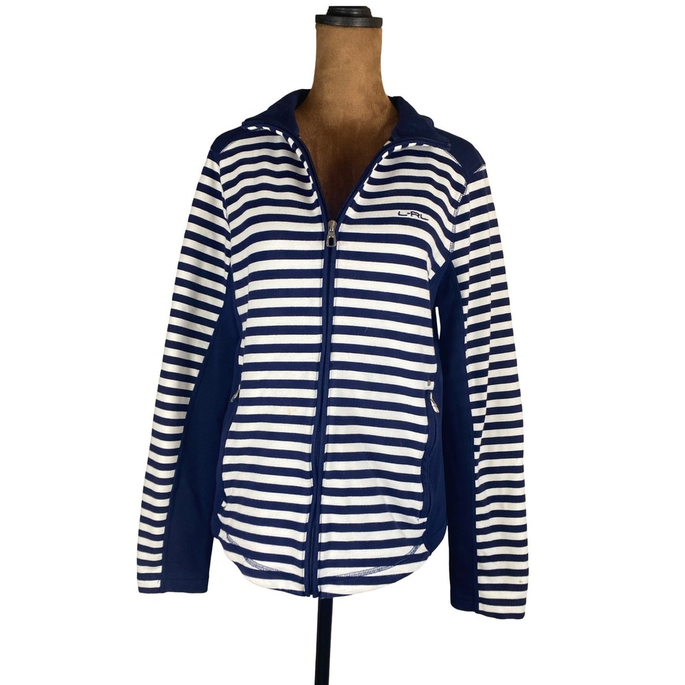 Lauren Ralph Lauren Active Womens Navy White Striped Zip Jacket Large Nautical